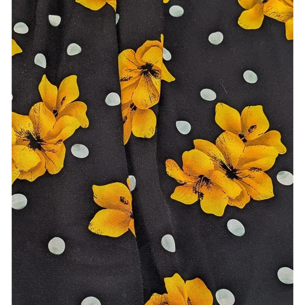 Vintage 2 Piece Skirt‎ Set Womens 12 Black Yellow Floral Polka Dot Rayon 90s